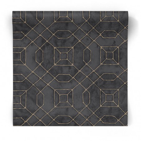 Tapeta geometryczna czarna w złote wzory W78218