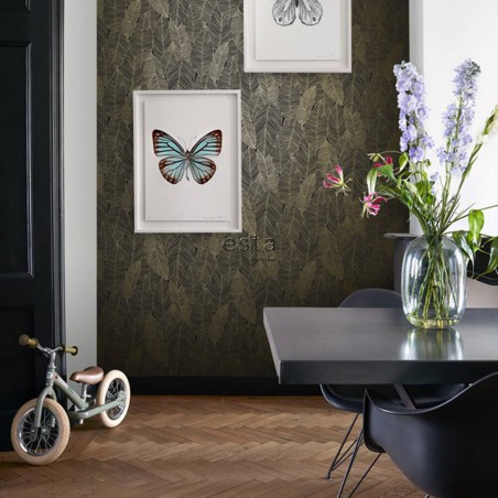 Czarna tapeta w złote liście