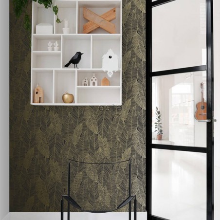 tapeta na ścianę czarna złote liście