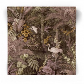 Brązowo-różowa tropikalna tapeta ścienna palmy ptaki 91443
