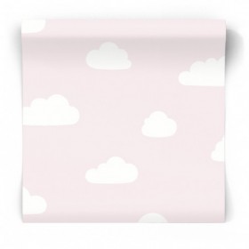 Dziewczęca różowa tapeta w białe chmury