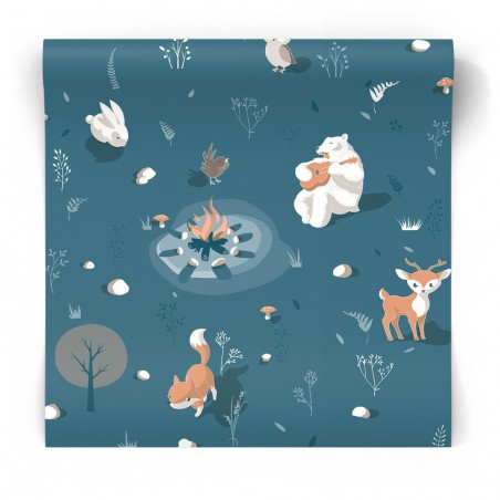 Stylowa tapeta ciemnoniebieska zwierzaki niedźwiadek lisek las ognisko