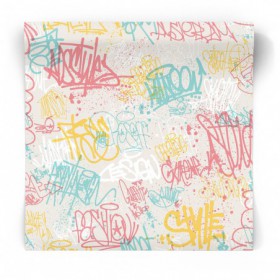 Szara różowa niebieska żółta młodzieżowa tapeta graffiti napisy