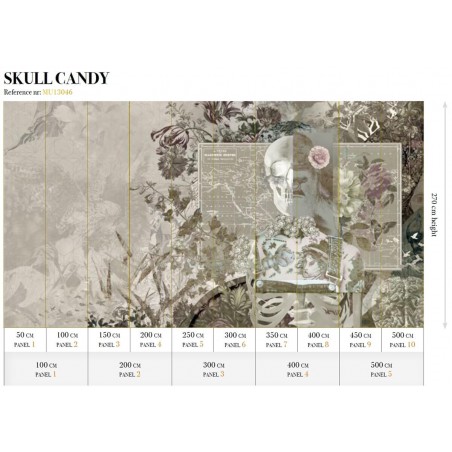 Szara tapeta z motywem czaszki i kwiatowym ornamentem