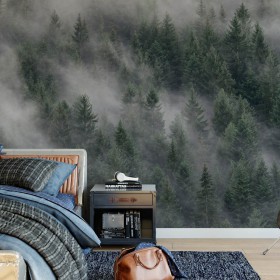 Fototapeta las we mgle na ścianie za łózkiem w sypialni
