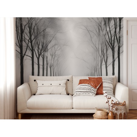 Czarno biała fototapeta powiększająca pomieszczenie las do sypialni