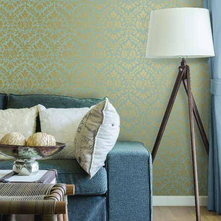 Miętowo złote błyszczące tapety w stylu Vintage i Glamour do salonu i sypialni