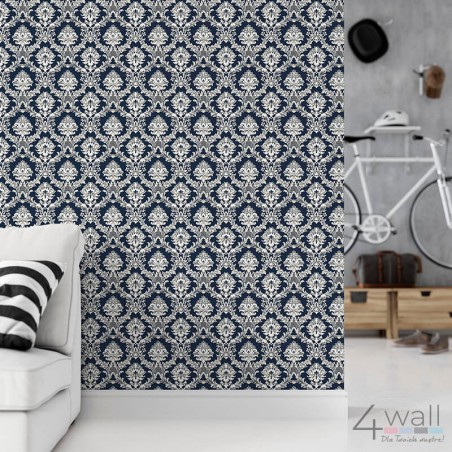 granatowa tapeta glamour w ornament aranżacje