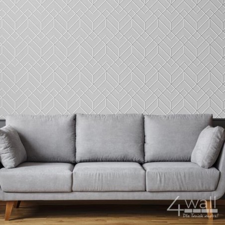 Pokój dzienny, tapeta we wzory geometryczne, szare tło, geometryczne linie