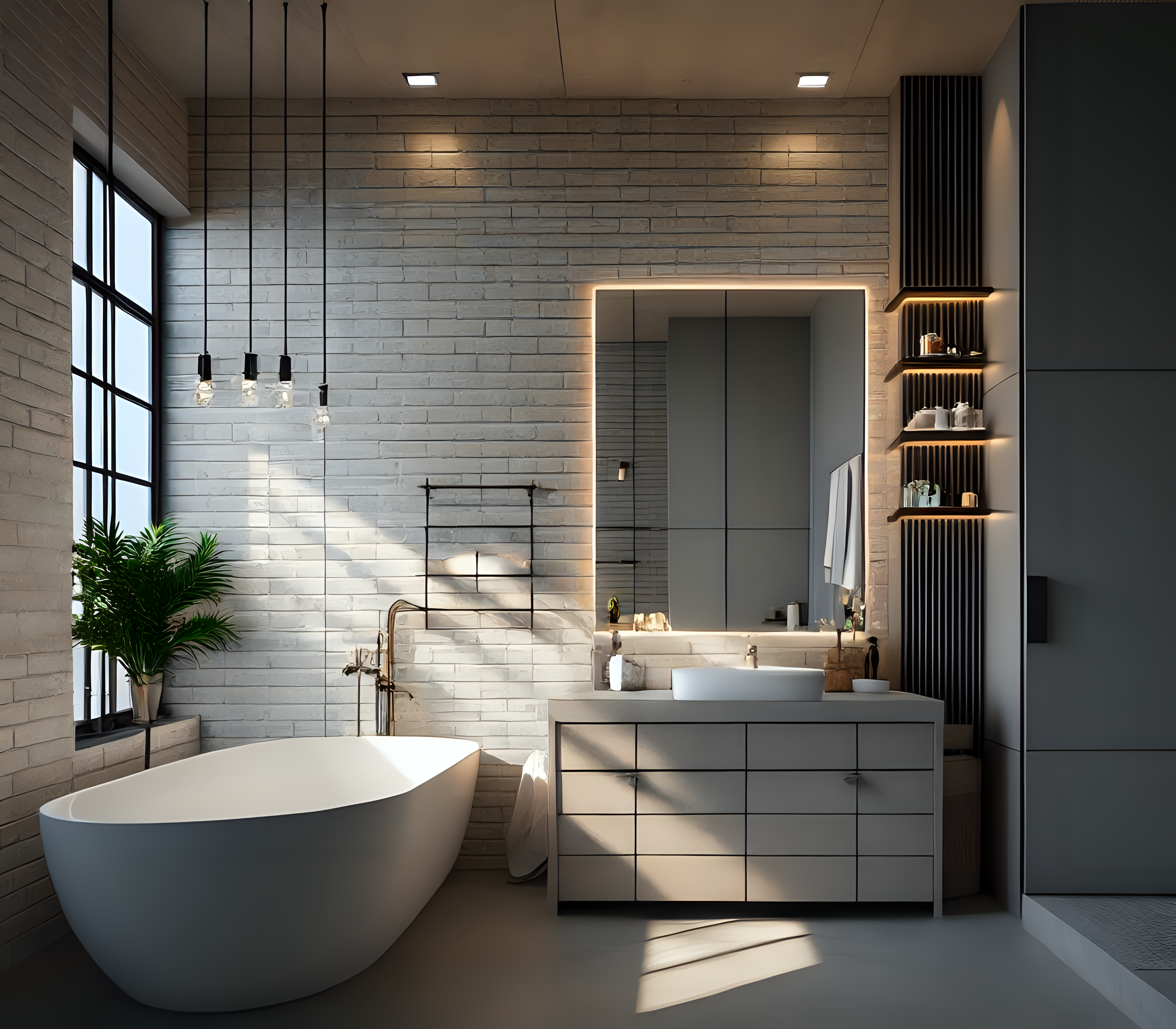 łazienka w stylu industrialnym z lamelami